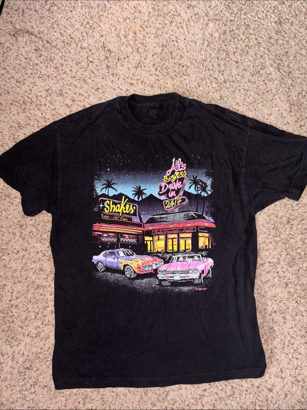 Black Short-Sleeve Graphic Tee with Retro Diner Print